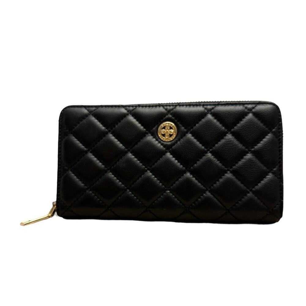 *NWOT PEONY SUPREME Wallet Luxury Black Quilted Leather Wallet Clutch Full Zip